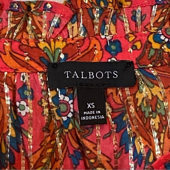 Talbots Ruffle Neck Floral Lattice Bright Berry Popover Blouse XSmall - Picture 8 of 10